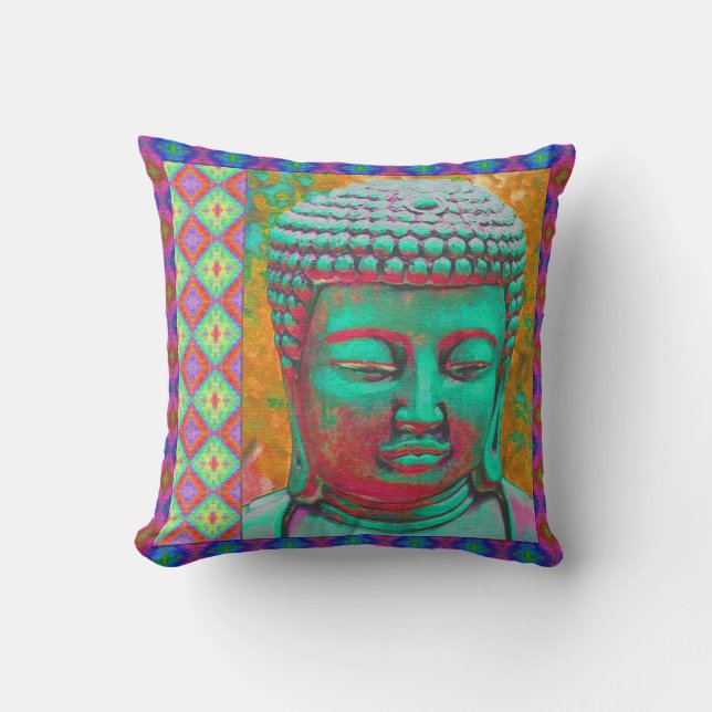 Buddha Pop with Patchwork Borders in Blue and Pink Cushion (Front)