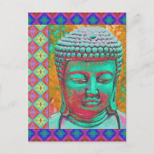 Buddha Pop with Patchwork Borders in Blue and Pink Postcard (Front)