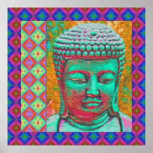 Buddha Pop with Patchwork Borders in Blue and Pink Poster