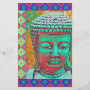Buddha Pop with Patchwork Borders in Blue and Pink Stationery