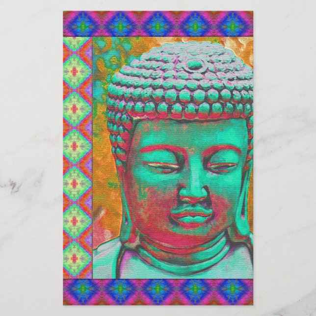 Buddha Pop with Patchwork Borders in Blue and Pink Stationery (Front)