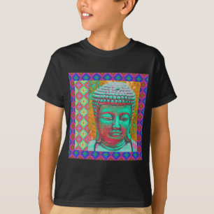 Buddha Pop with Patchwork Borders in Blue and Pink T-Shirt