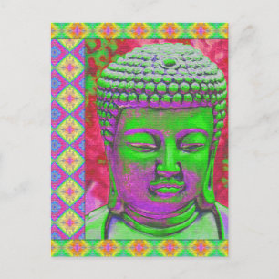 Buddha Pop with Patchwork Borders in Green and Red Postcard