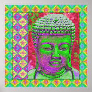 Buddha Pop with Patchwork Borders in Green and Red Poster