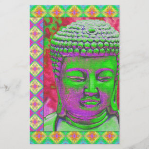 Buddha Pop with Patchwork Borders in Green and Red Stationery