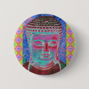 Buddha Pop with Yellow and Pink Borders 6 Cm Round Badge