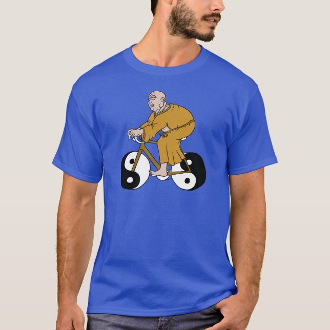 Buddha Riding A Bike With Yin Yang Wheels T-Shirt (Front)