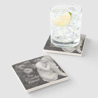 Buddha Sip Breathe Repeat Black White Zen Mantra Stone Coaster