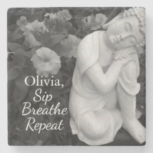 Buddha Sip Breathe Repeat Black White Zen – Name Stone Coaster