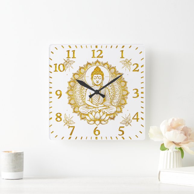 Buddha Statue With Lotus  Square Wall Clock (Home)