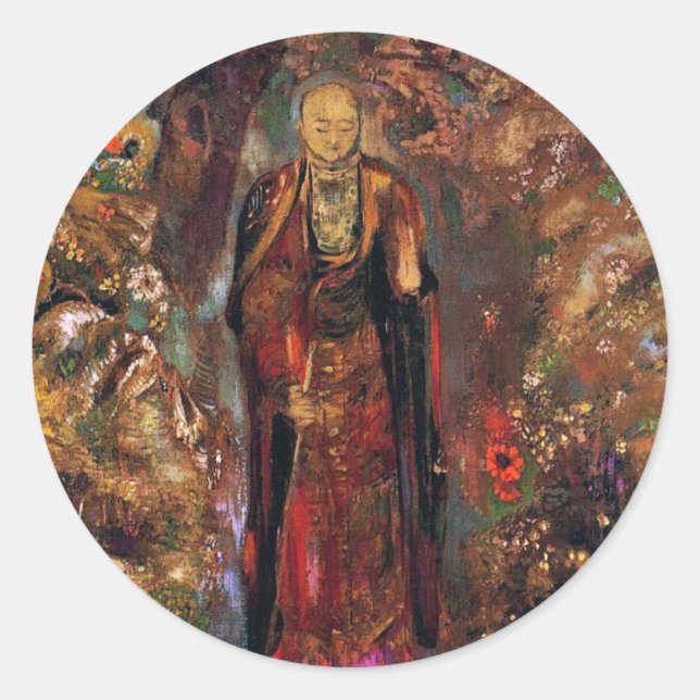 Buddha Walking Among the Flowers Classic Round Sticker (Front)