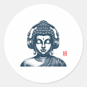 Buddha Wearing Headphones Vintage Retro Grey , Uni Classic Round Sticker