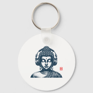 Buddha Wearing Headphones Vintage Retro Grey , Uni Key Ring
