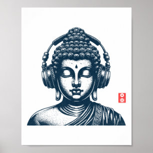 Buddha Wearing Headphones Vintage Retro Grey , Uni Poster