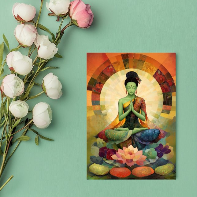 Buddhist Goddess Green Tara Floral Painting Zen Postcard (Creator Uploaded)
