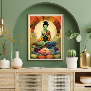 Buddhist Goddess Green Tara Floral Painting Zen Poster