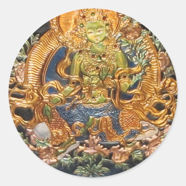 BUDDHIST GODDESS GREEN TARA METALLIC INLAY CLASSIC ROUND STICKER (Front)