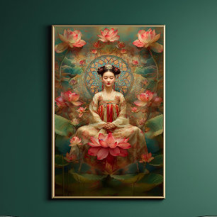 Buddhist Goddess Quan Yin Pink Lotus Painting Art  Poster