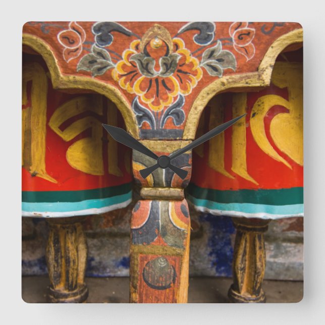 Buddhist praying role, bhutan square wall clock (Front)