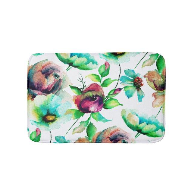 Budding Colourful Watercolors Floral Pattern Bath Mat (Front)