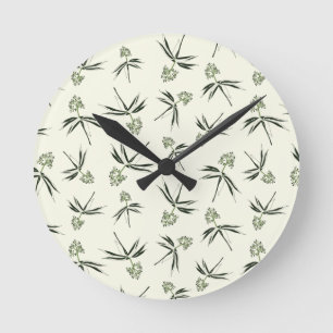 Budding Green Branches on cream - seamless pattern Round Clock