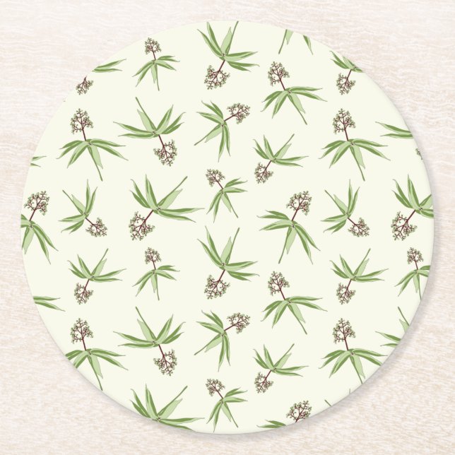 Budding Red Branches on cream - seamless pattern. Round Paper Coaster (Front)