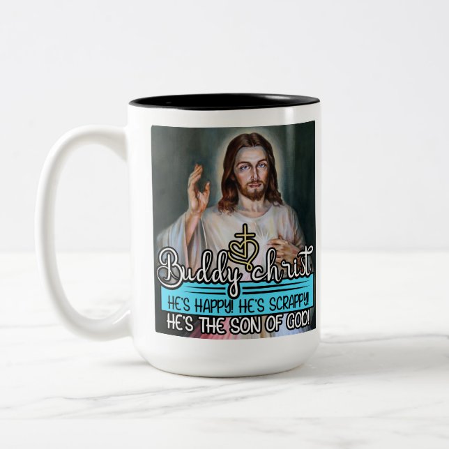 Buddy Christ, He's Happy! He's Scrappy! Two-Tone Coffee Mug (Left)