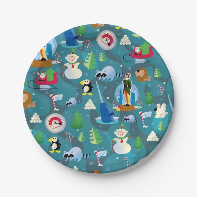 Buddy the Elf and Characters Teal Pattern Paper Plate (Front)