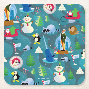 Buddy the Elf and Characters Teal Pattern Square Paper Coaster