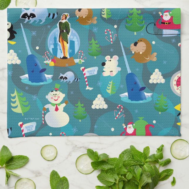 Buddy the Elf and Characters Teal Pattern Tea Towel (Folded)