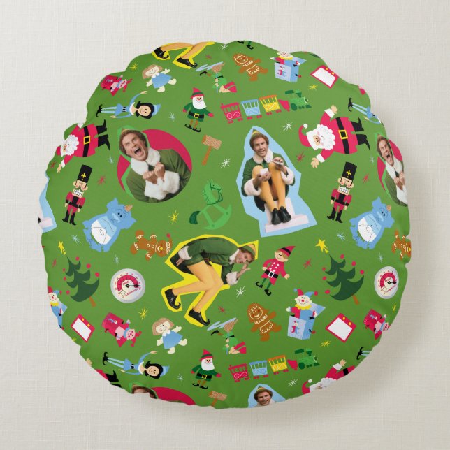 Buddy the Elf and Christmas Icons Pattern Round Cushion (Front)
