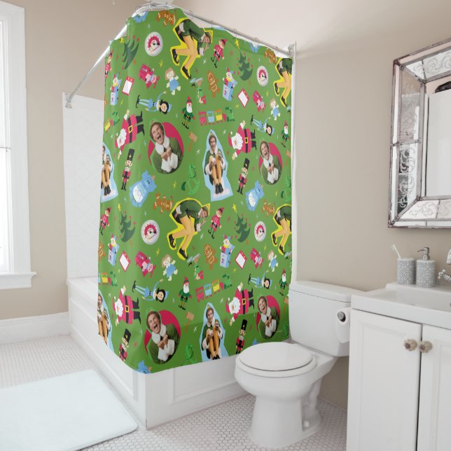 Buddy the Elf and Christmas Icons Pattern Shower Curtain (In Situ)
