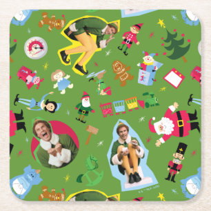 Buddy the Elf and Christmas Icons Pattern Square Paper Coaster
