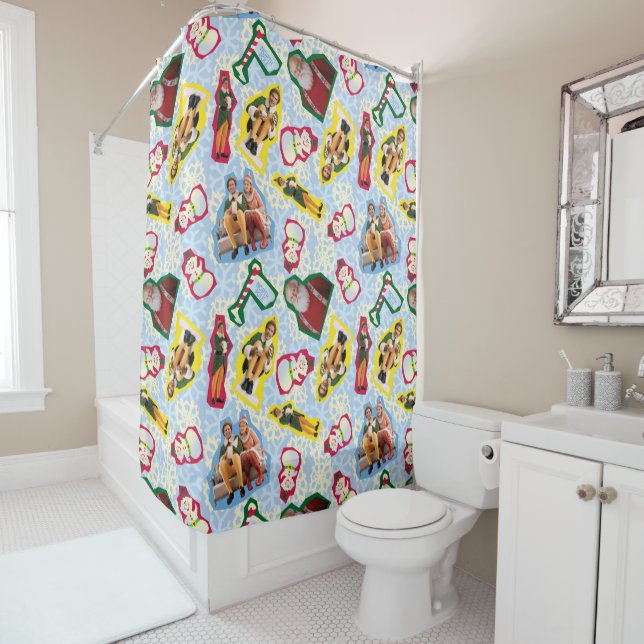 Buddy the Elf and Santa North Pole Pattern Shower Curtain (In Situ)