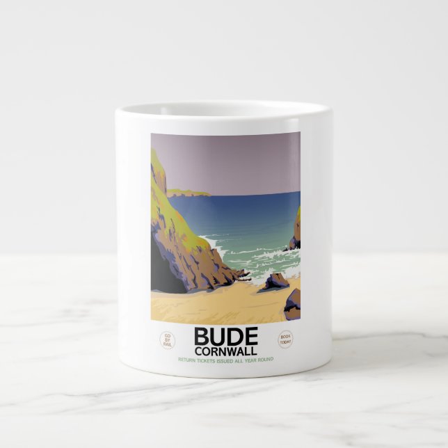 Bude cornwall Seaside travel poster Large Coffee Mug (Front)