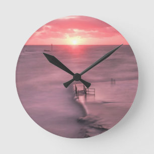 Bude Tidal Pool Overflow at Sunset, Cornwall, UK Round Clock