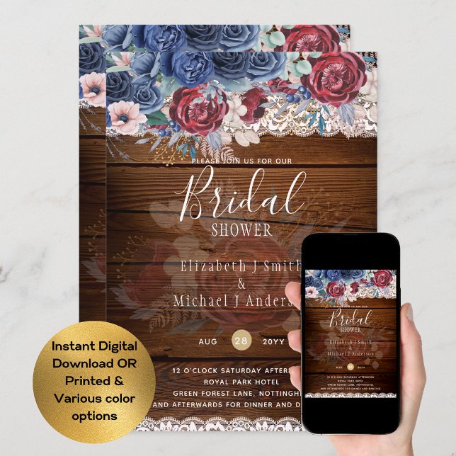 Budge Burgundy Blue Floral Bridal Shower Invite (Creator Uploaded)