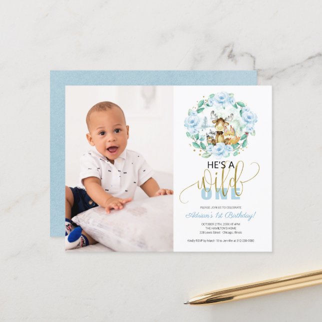 Budge He's A Wild One Photo 1st Birthday Invite  (Front/Back In Situ)