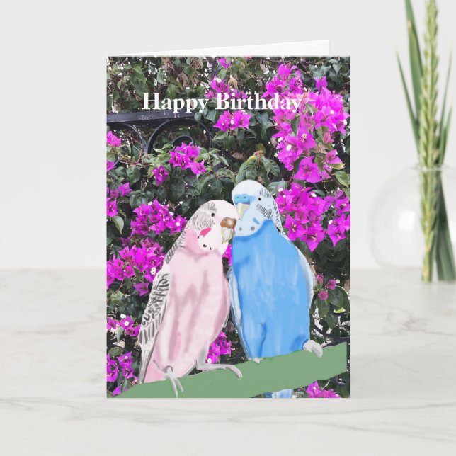 Budgerigar and Bourgainville Birthday Holiday Card (Front)
