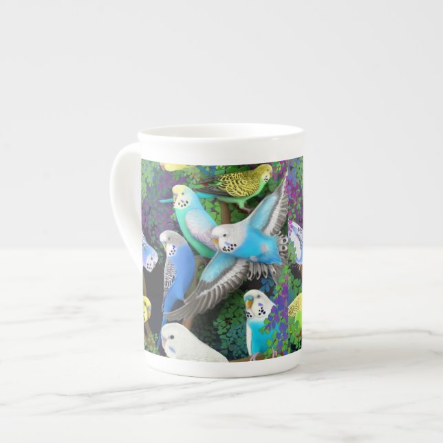 Budgerigar Parrots in Ferns Bone China Mug (Front Left)