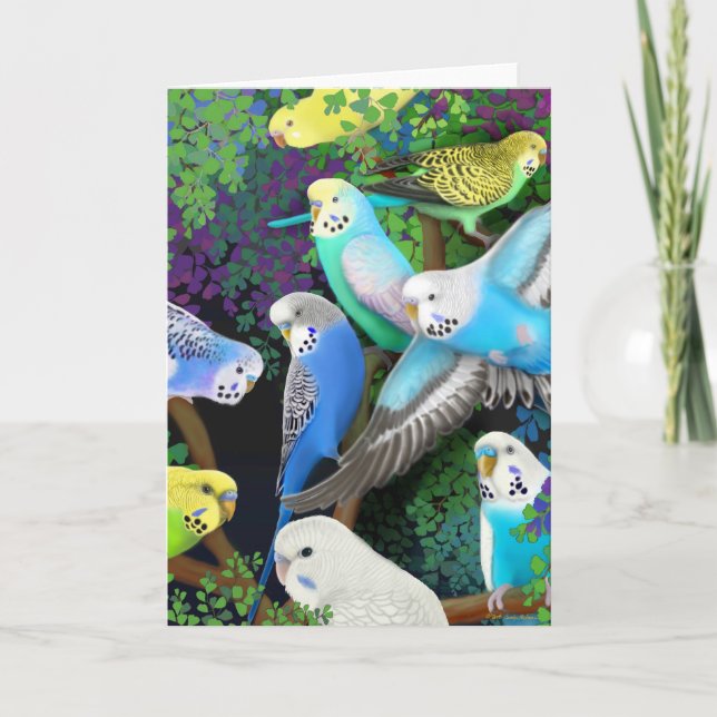Budgerigars and Ferns Card (Front)