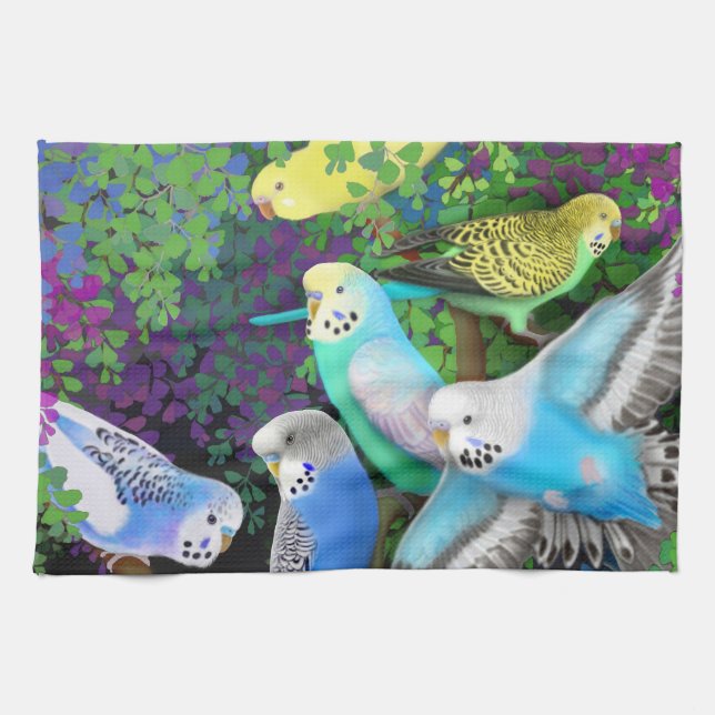 Budgerigars in Ferns Kitchen Towel (Horizontal)
