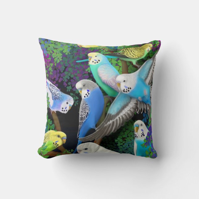 Budgerigars in Ferns Pillow (Front)