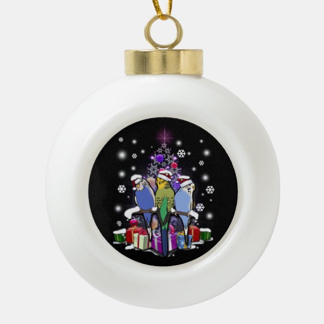 Budgerigars with Christmas Gift and Snowflakes Ceramic Ball Christmas Ornament (Front)