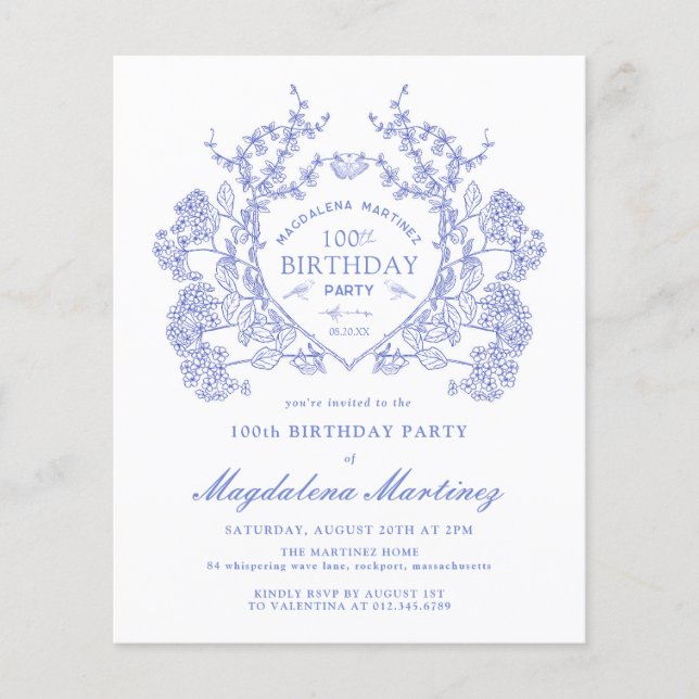 BUDGET 100th Birthday Blue Floral Crest (Front)