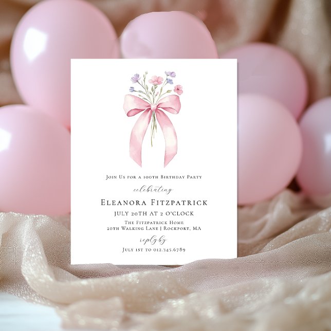 BUDGET 100th Birthday Pink Bow Wildflower Invite (Creator Uploaded)