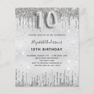 Budget 10th birthday silver glitter invitation