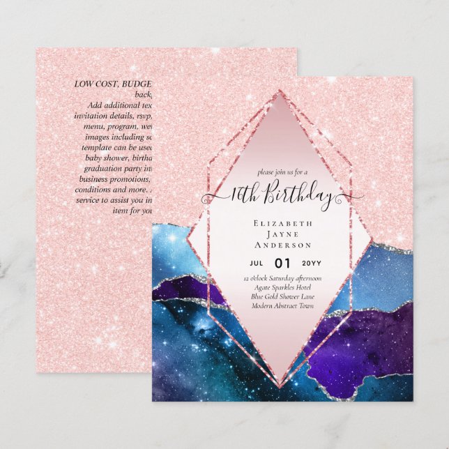 BUDGET 16th Birthday Glittery AGATE Sparkle Invite (Front/Back)