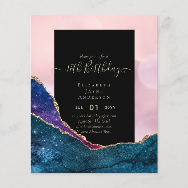 BUDGET 16th Birthday Glittery AGATE Sparkle Invite Flyer (Front)