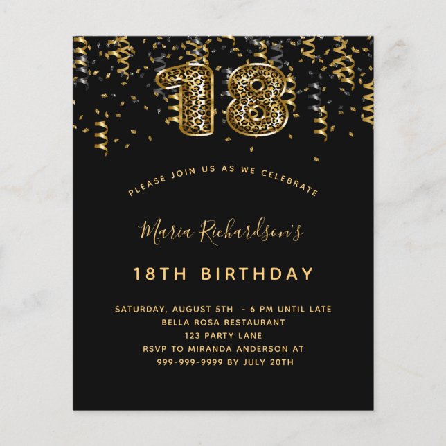 Budget 18th birthday black gold leopard party (Front)